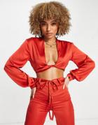 Femme Luxe Satin Wrap Shirt In Red - Part Of A Set