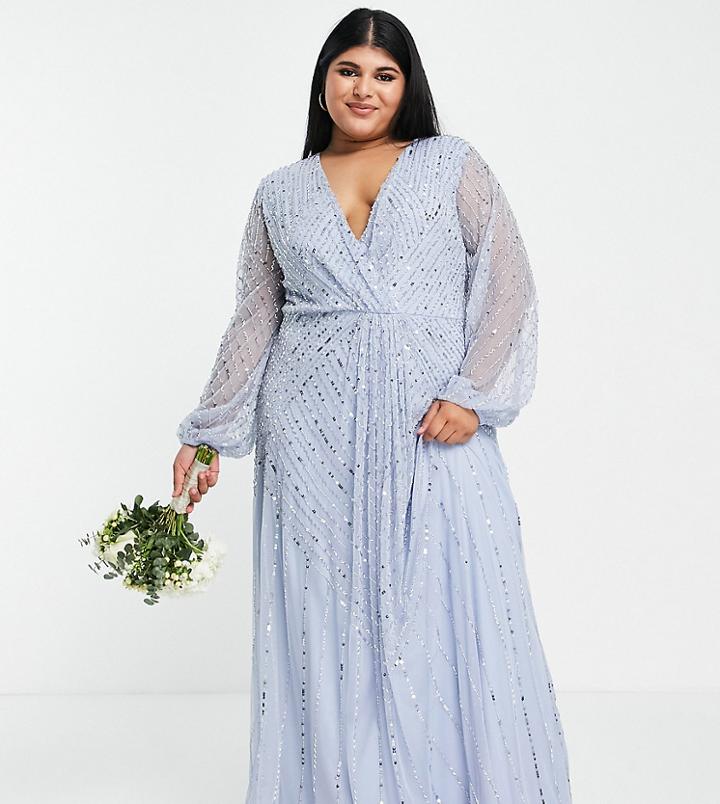 Frock And Frill Plus Bridesmaid Plunge Front Maxi With Embellishment In Blue