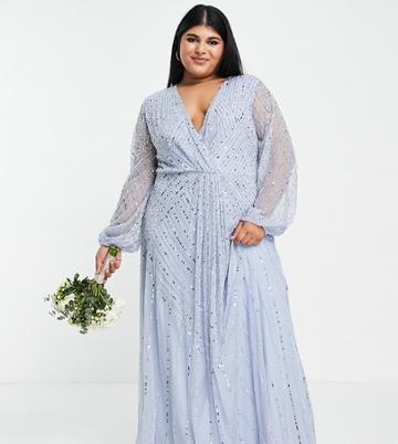 Frock And Frill Plus Bridesmaid Plunge Front Maxi With Embellishment In Blue