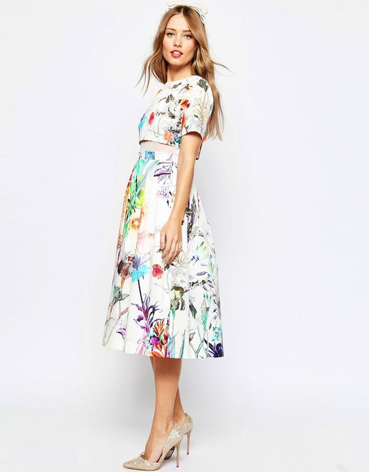 Asos Wedding Crop Top Midi Prom Dress In Floral Print - Multi