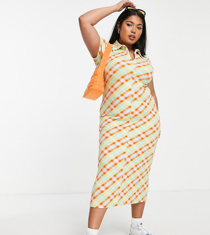 Collusion Plus Half Zip Jersey Midi Shirt Summer Dress In Check-multi