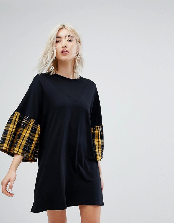 Bershka Check Sleeve Tee Dress - Black