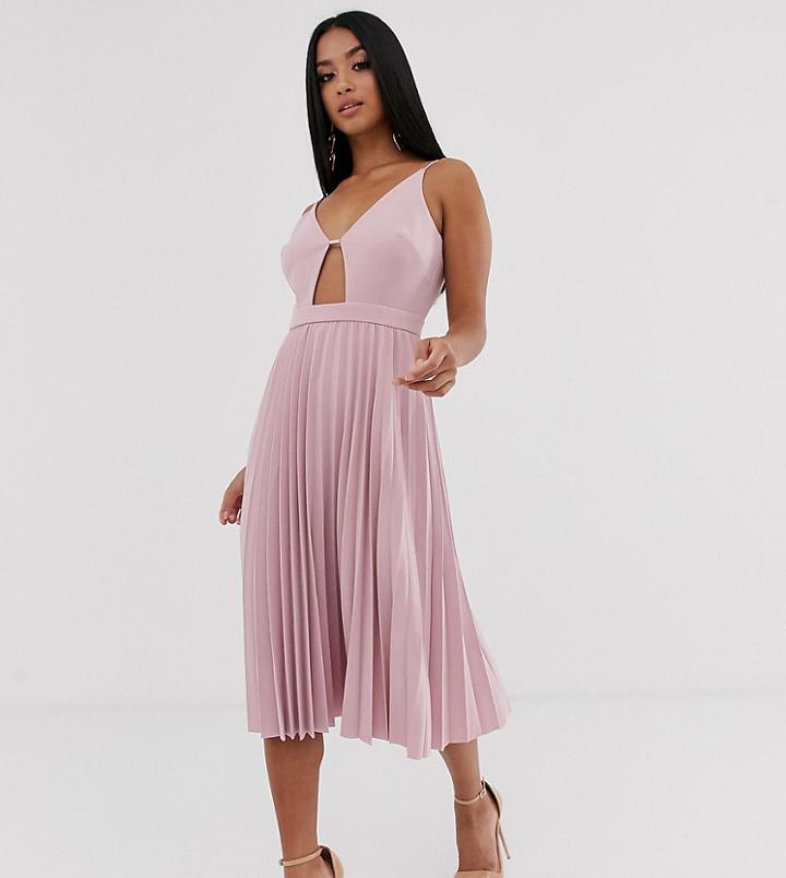 Asos Design Petite Minimal Pleated Midi Dress With Gold Bar - Pink