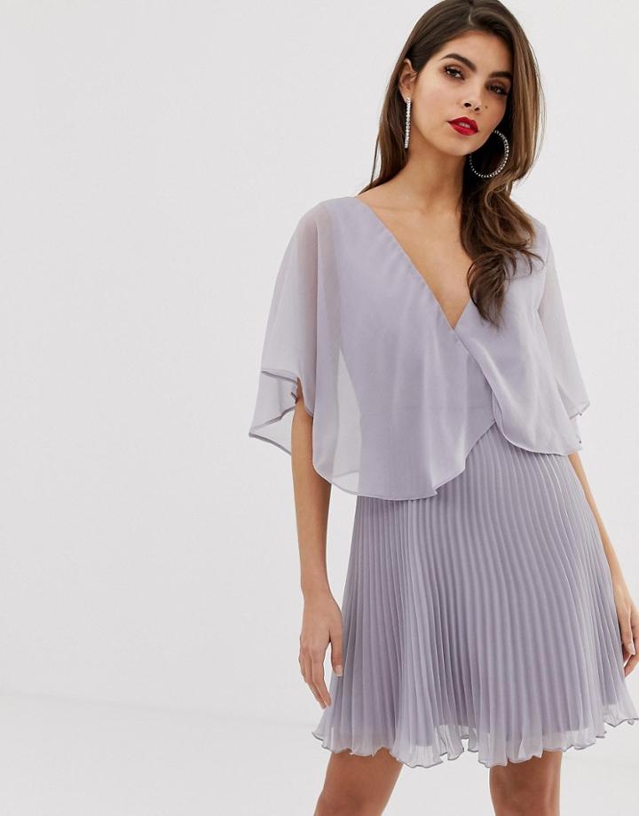 Asos Design Mini Dress With Pleat Skirt And Flutter Sleeve - Gold