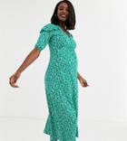 Asos Design Maternity Exclusive Maxi Tea Dress With Frill In Green Ditsy Print