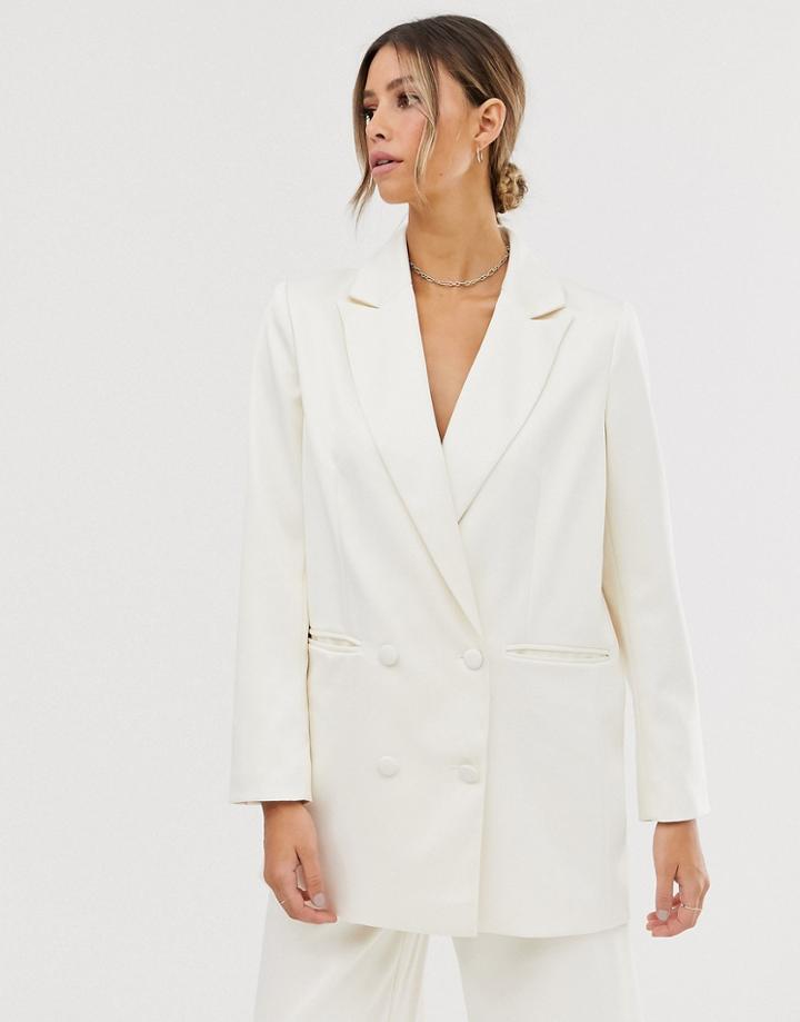 Asos Edition Double Breasted Wedding Blazer In Satin - Cream