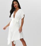 Asos Design Petite Deep V Pep Hem Midi Dress - White
