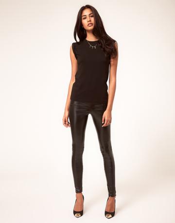 Asos Leather Look Skinny Pants With Panel Detail