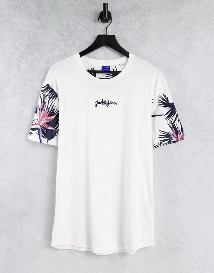 Jack & Jones Originals Raglan T-shirt With Floral Sleeve In White