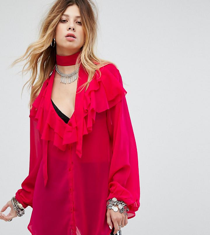 Sacred Hawk V Front Shirt With Ruffles & Scarf Tie - Pink