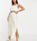 River Island Petite Wrap Detail Satin Midi Skirt In Beige Animal Jacquard-neutral