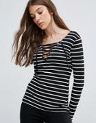 Brave Soul Stripe Lace Up Front Top - Black