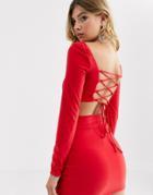 Aym Premium Square Neck Paneled Long Sleeve Crop Top In Red - Red