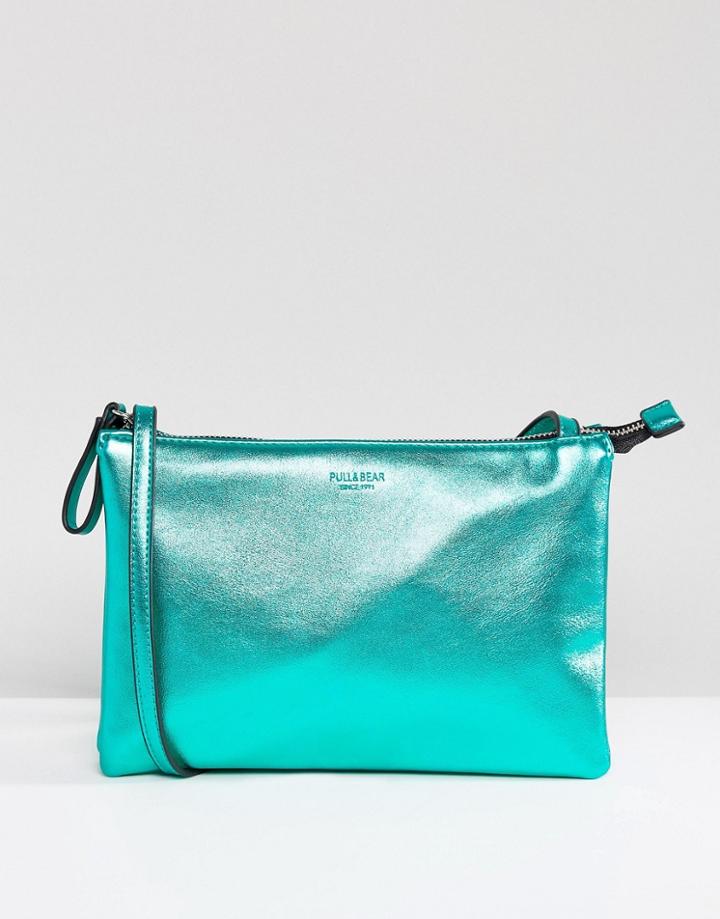 Pull & Bear Cross Body Metallic Bag With Zip - Green
