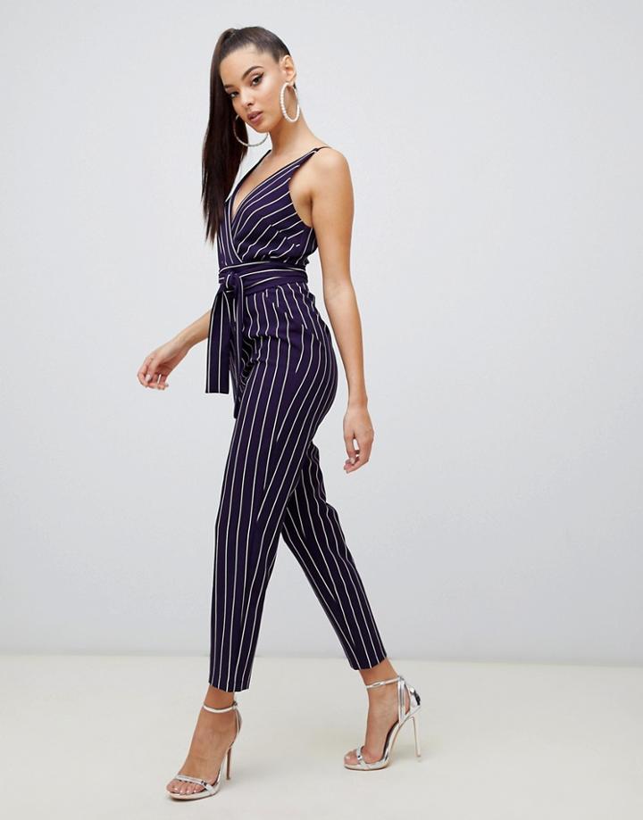 Asos Design Wrap Jumpsuit With Self Belt In Navy Stripe-multi