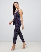 Asos Design Wrap Jumpsuit With Self Belt In Navy Stripe-multi