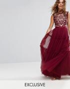 Needle And Thread High Neck Maxi Tulle Dress With Embroidery And Embellishment - Red