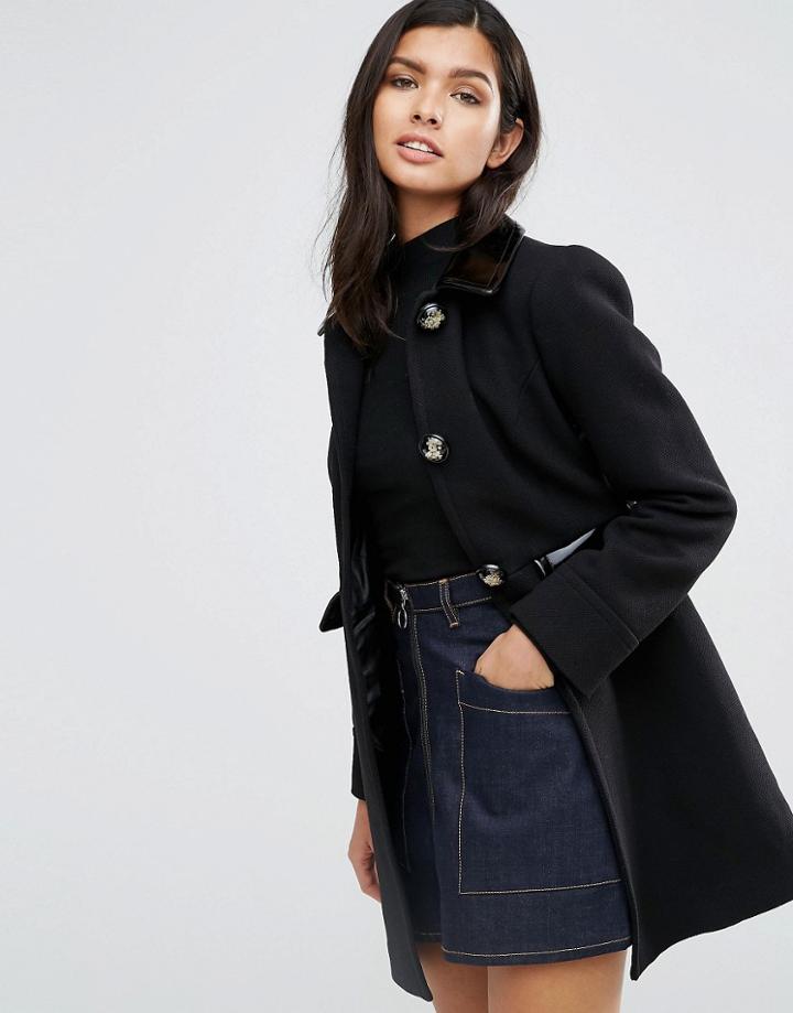 Asos Skater Coat With Patent Contrast Trims - Black
