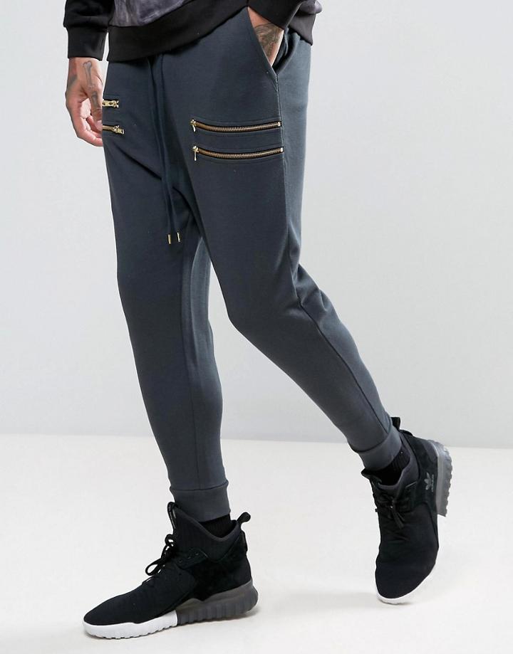 Asos Drop Crotch Joggers With Zips In Dark Blue - Blue