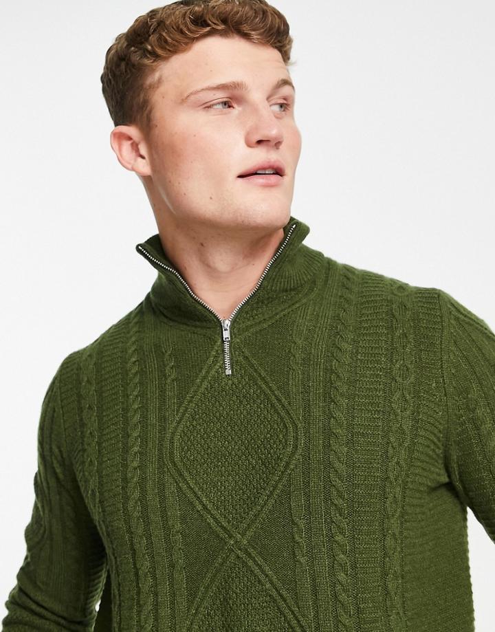 Asos Design Cable Knit Lambswool Half Zip Sweater In Khaki-green