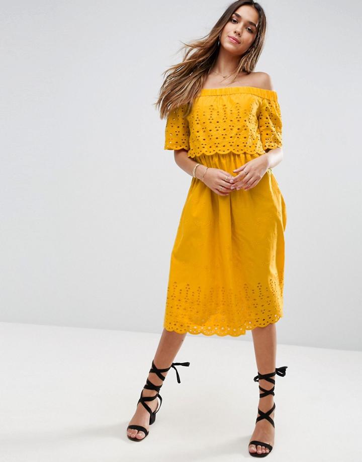 Asos Broderie Off Shoulder Midi Sundress - Orange