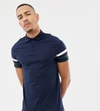 Asos Design Tall Polo Shirt With Contrast Sleeve Panels In Navy - Navy