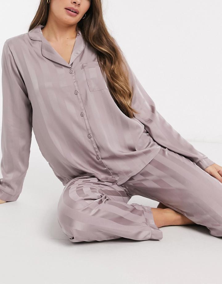 Loungeable Striped Jacquard Satin Camp Collar Top In Mink-brown