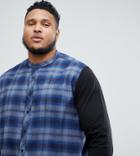 Siksilk Grandad Collar Check Shirt In Blue With Jersey Sleeves Exclusive To Asos - Blue