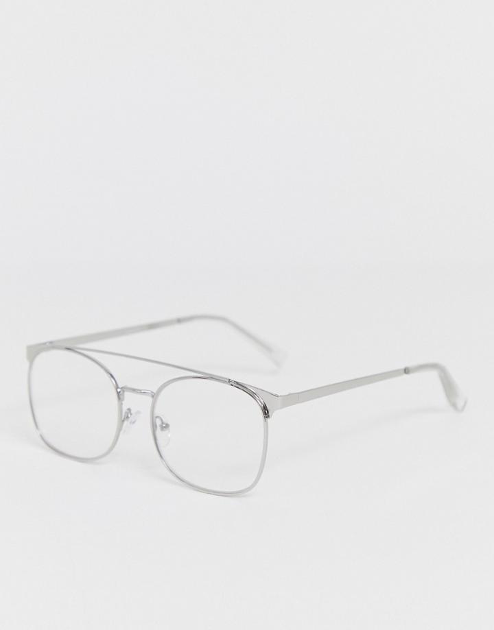 Asos Design Retro Glasses In Silver With Clear Lens - Silver