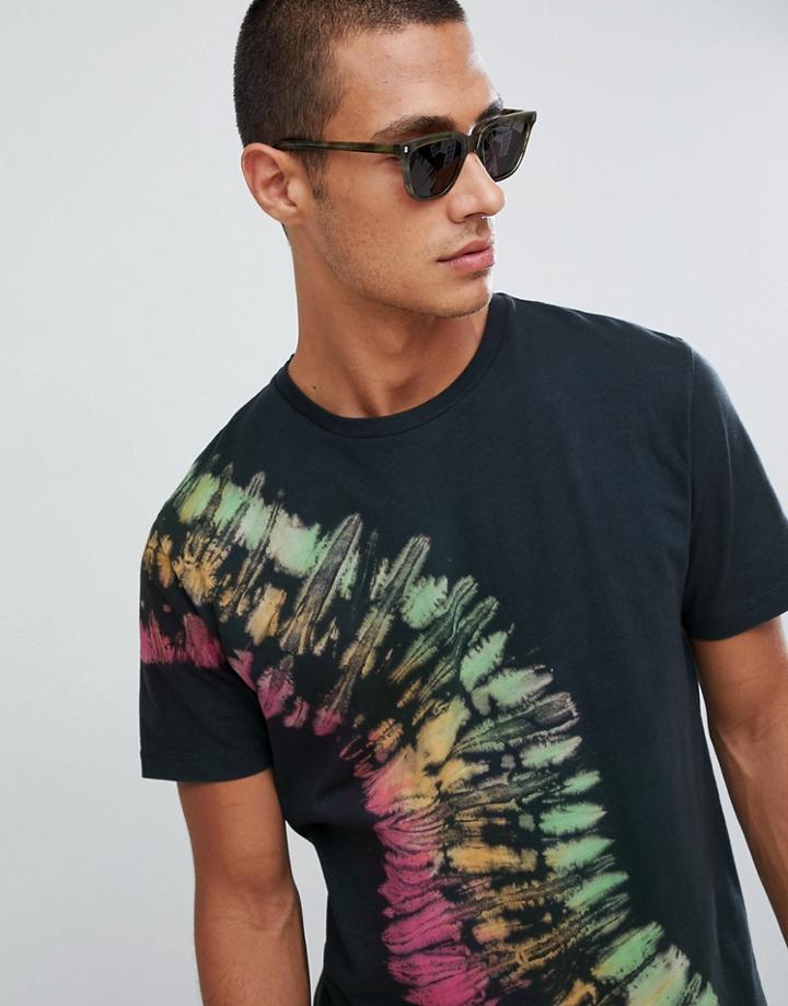 Asos Design Relaxed Longline T-shirt In Black With Rainbow Tie Dye Wash - Black