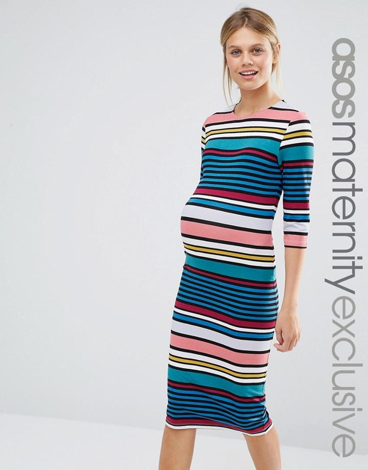 Asos Maternity Stripe Midi Bodycon Dress With 3/4 Sleeve - Multi