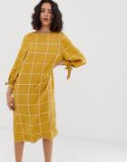 Native Youth Relaxed Smock Midi Dress With Tie Cuffs In Grid Check-brown