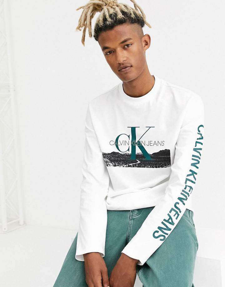 Calvin Klein Jeans Landscape Print Long Sleeve T-shirt In White