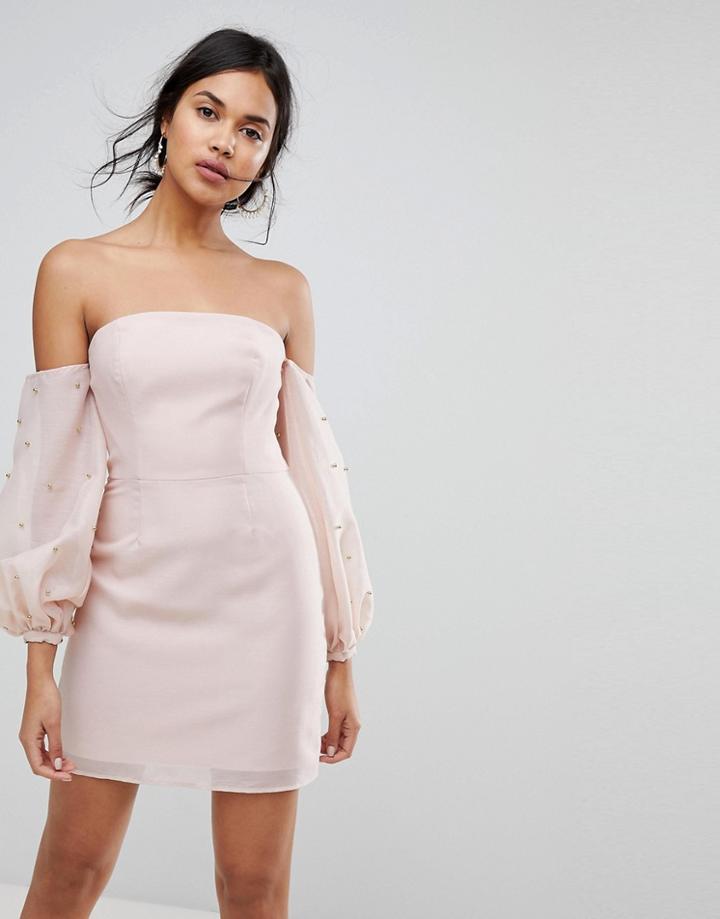 Keepsake Bardot Beaded Mini Dress - Pink