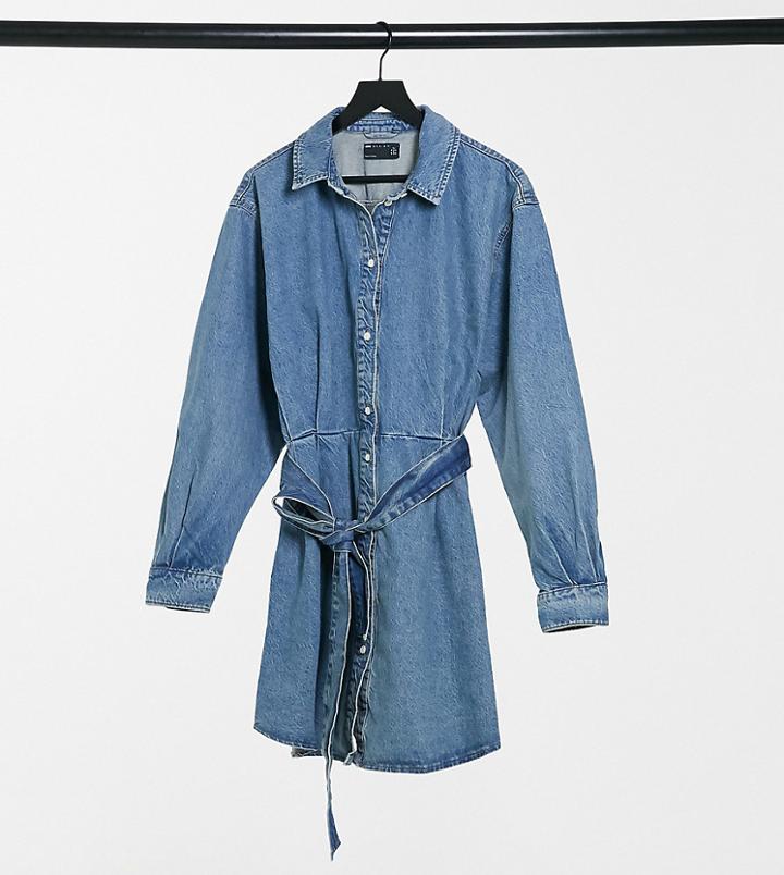 Asos Design Tall Oversized Belted Shirt Dress In Mid-blue Wash