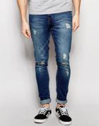 Pull & Bear Super Skinny Jeans With Rips In Mid Wash Blue - Blue