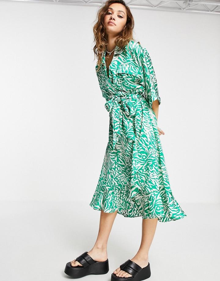 Topshop Satin Zebra Midi Shirt Dress In Green