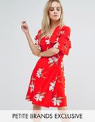 John Zack Petite Ruffle Shoulder Mini Tea Dress In Floral Print - Multi