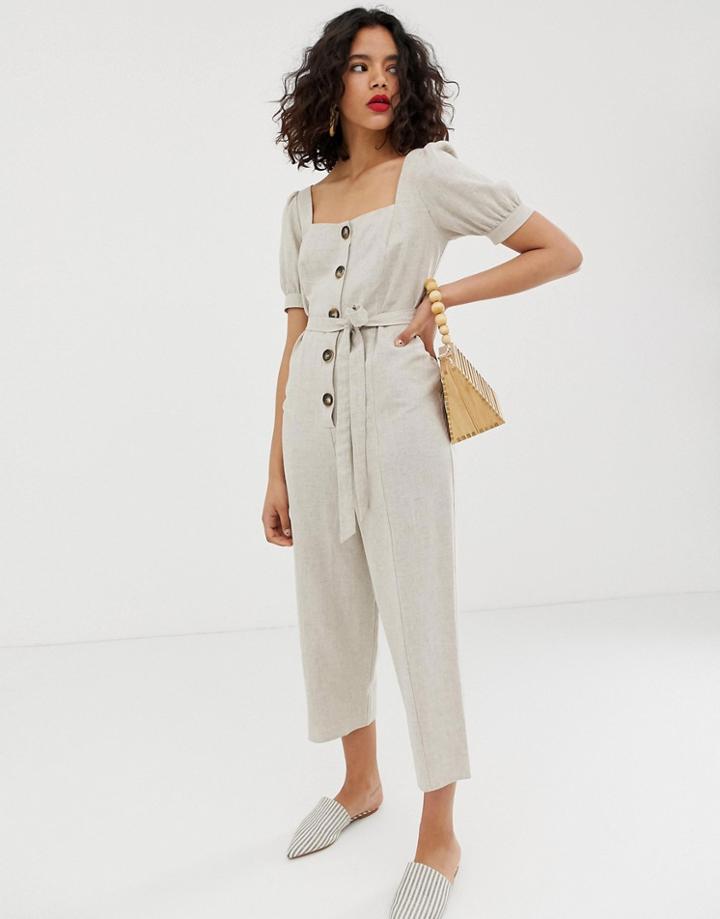 Asos Design Tie Waist Puff Sleeve Jumpsuit - Multi