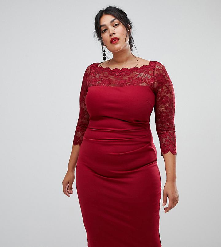 City Goddess Plus Long Sleeve Lace Pencil Dress - Red