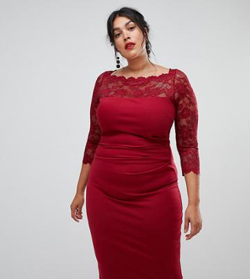 City Goddess Plus Long Sleeve Lace Pencil Dress - Red