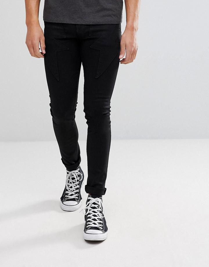 Asos Super Skinny Jeans In Coated Black With Lightning Bolt - Black