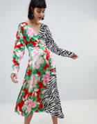 Asos Design Wrap Maxi Dress With Long Sleeve In Mixed Print - Multi