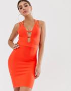 The Girlcode Plunge Bandage Dress In Hot Coral-pink