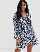 Qed London Ruffle Wrap Mini Dress In Leopard Print - Green