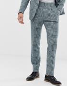 Asos Design Slim Harris Tweed Suit Pants In Teal And White Houndstooth-green