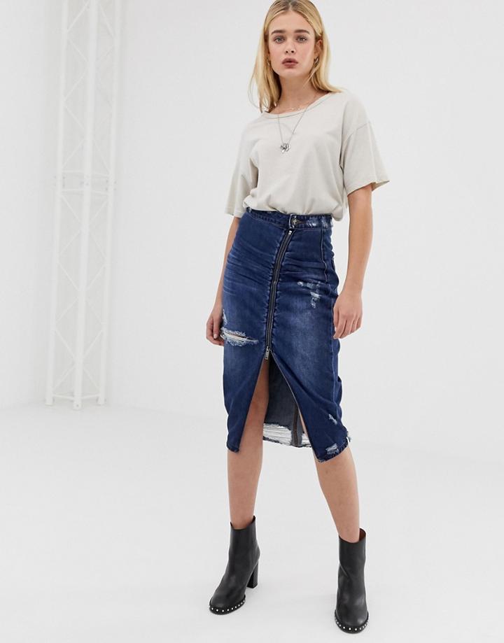 One Teaspoon Midi Skirt With Zip And Rip Detail - Blue