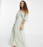 Asos Design Petite Blouson Embroidered Maxi Dress With Cape Back-green