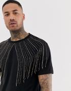 Asos Design Festival Relaxed Longline T-shirt With Embellished Gem Fringing In Black