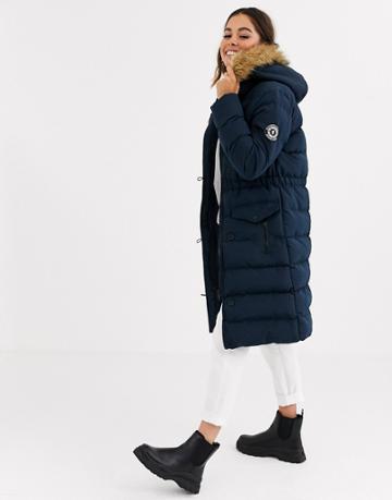 Brave Soul Whitehorse Padded Long Jacket With Faux Fur Trim Hood-navy